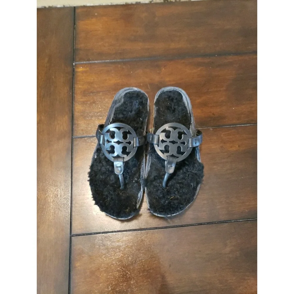 Tory‎ Burch MILLER CLOUD Cork Sandals Shearling Size 7 Black